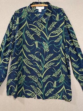 Maggie McNaughton 100% Silk Blouse Navy Green Botanical Button Down Women 3X
